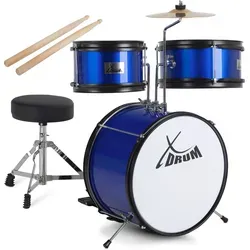 XDrum Junior KIDS Schlagzeug inkl. Schule Blau - Kompaktes Schlagzeug für Kinder von 3-5 Jahren, einfacher Aufbau und inklusive Schule, Hocker, Drumsticks und Stimmschlüssel.