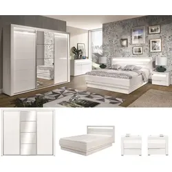 Schlafzimmer komplett IRIS C - Hochglanz Schiebetürenschrank & Bett 180x200 - Moderne Schlafzimmermöbel in Weiß hochglanz mit LED-Beleuchtung und Soft-Close-System. Das Set C umfasst Schiebetürenschrank, Bett mit Lattenrost und Bettkasten sowie Nachttische.