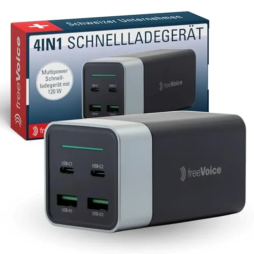 freeVoice Multipower Schnellladegerät 120 W I USB-C Netzteil für Steckdose I 2 USB-A & 2 USB-C Anschlüsse I 4 in 1 Ladegerät für Smartphone, Laptop & Tablet I Mehrfach Ladestation I GaN Charger