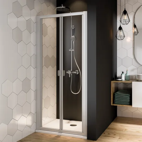 Breuer Fara 4 Falttür Klarglas 90 cm - Elegante Lösung für Nischen - Türen für Nischen, stilvolles Klarglasdesign mit matt-silberner Aluminiumrahmung für moderne Badezimmer.