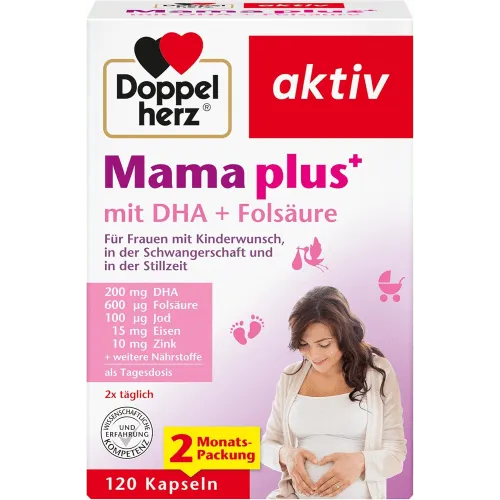 Mama plus+ Kapseln (120 Stück) - Mama plus mit DHA und Folsäure von Doppelherz unterstützt die gesunde Entwicklung während der Schwangerschaft und bietet wertvolle Nährstoffe für werdende Mütter.