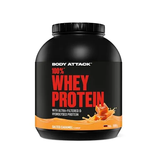 Body Attack 100% Whey Protein Salted Caramel, 2 kg - Extra cremiges Eiweißpulver für Sportler - Genieße den cremigen Protein Shake mit 100% Whey Protein und BCAA's. Ideal zur Unterstützung deines Trainings für Muskelaufbau und Regeneration. Ohne Aspartam und Gluten, für schnellen Genuss!