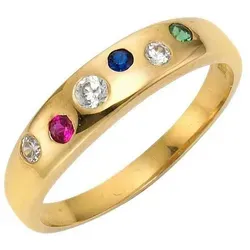 Firetti Goldring Damenring mit Edelsteinen - Eleganter Damenring aus 333 Gelbgold, verziert mit Rubin, Saphir, Smaragd und Zirkonia. Ideal als Geschenk für besondere Anlässe und vielseitig kombinierbar.