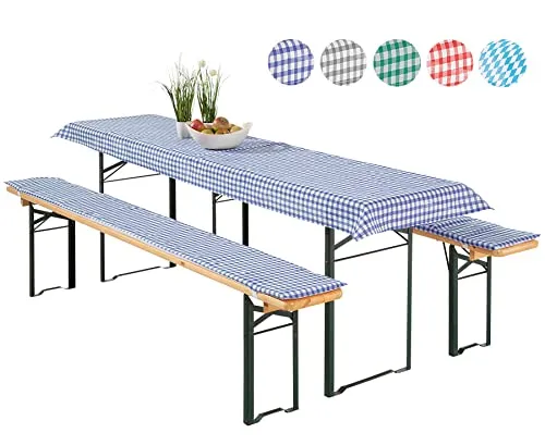 heimtexland ® Auflagen Set Bierzeltgarnitur 3-teilig - Bankauflagen Set für Bierzeltgarnitur aus strapazierfähigem Vichy Karo in blau, inklusive Tischdecke und zwei Kissen, pflegeleicht und maschinenwaschbar.