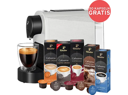TCHIBO CAFISSIMO Pure plus - Kapselmaschine in Weiß, inklusive 50 Kapseln für perfekten Kaffeegenuss