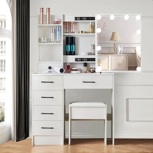 Schminktisch LED-Beleuchtung mit Spiegel und 3 Helligkeitsstufen - M56 - Eleganter Schminktisch mit LED-Beleuchtung für ein perfektes Make-up-Erlebnis. Verstellbare Lichtfarben und großzügiger Stauraum für Kosmetika und Schmuck. Robuste MDF-Struktur für Langlebigkeit und einfache Reinigung.