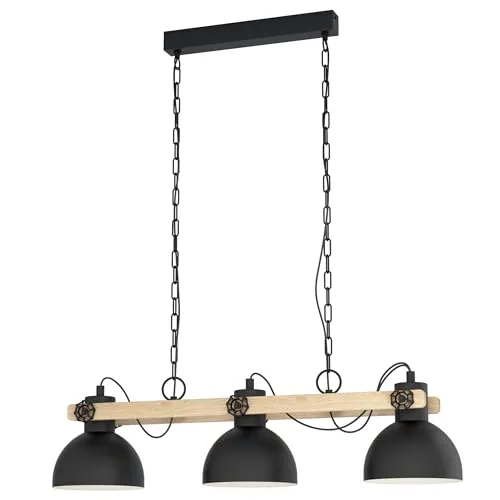 EGLO Pendellampe Lubenham - 3-flammige Vintage Hängelampe im Industrial Design - Lampen im Retro-Stil aus FSC-zertifiziertem Holz und schwarzem Stahl, ideal für Wohnzimmer und Esszimmer. Verstellbare Leuchtenspots für individuellen Lichteinfall.