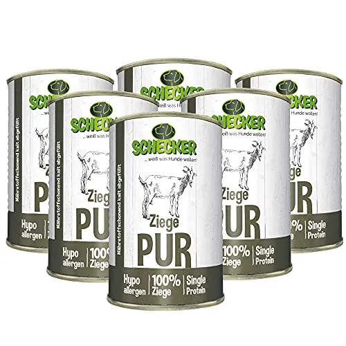 Schecker Nassfutter 100% Ziege PUR - 6 x 410g - Hochwertiges Dosenfutter aus 100% Ziegenfleisch, getreidefrei und glutenfrei. Ideal für eine ausgewogene Ernährung Ihres Hundes, ohne unnötige Füllstoffe.