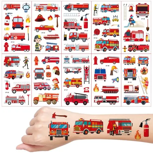 Feuerwehrauto Tattoos für Kinder, 10 Blätter Feuerwehrwagen Temporäre Tattoos, Kinder Tattoo Hautfreundlich, Schultüte Füllung, Mitgebsel Kindergeburtstag