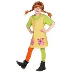 Maskworld Pippi Langstrumpf Kostüm für Kinder - original lizenziert - Kostüm für Kinder, bestehend aus einem bequemen Baumwoll-Shirt, einer Schürze mit Taschen und einer zweifarbigen Strumpfhose – perfekt für Karneval und Mottopartys.