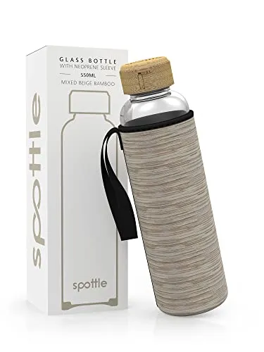spottle Trinkflasche aus Glas 1l - Glasflasche 500ml - 750ml - 1 liter mit Neoprenhülle - Schutzhülle - Glastrinkflasche mit Schraubverschluss (Beige meliert/Bambus, 550 ml)