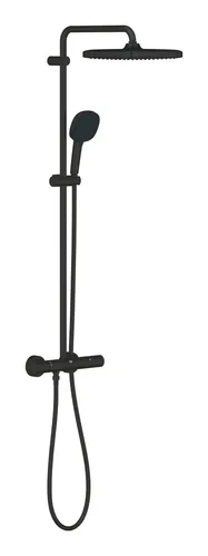 Grohe Vitalio Comfort 250 Duschsystem - Brausen mit Thermostatbatterie für Wandmontage, elegante mattschwarze Oberfläche für ein modernes Baddesign.