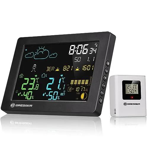 Bresser MeteoTemp Baro HZ Farbwetterstation - Wetterstationen mit präziser Wettervorhersage und Raumklimakontrolle, inkl. Außensensor für genaue Daten und integrierter Funkuhr mit Weckerfunktion.