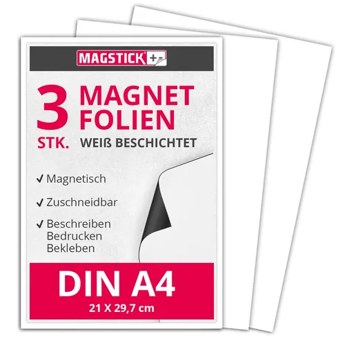 3er Set Magnet-Folie in DIN A4 I magnetisch, weiß beschichtet beschreibbar