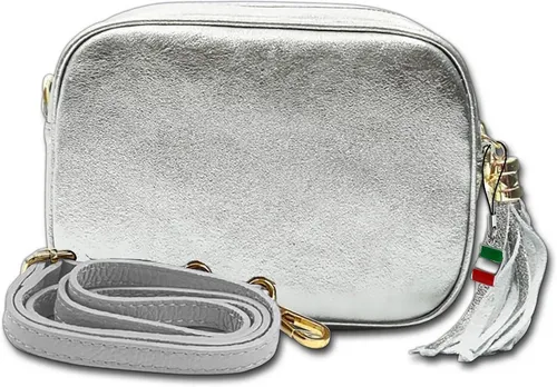 FLORENCE Umhängetasche aus echtem Leder - Stylische Umhängetasche für Damen aus feinem Kalbsleder in silber metallic. Perfekt für elegante Anlässe, Made in Italy – ein echtes Fashion-Statement.