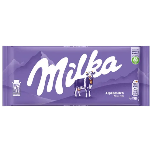 Milka Tafelschokolade Alpenmilch 90g - Tafelschokolade mit 33% Kakaoanteil, aus 100% Alpenmilch hergestellt. Zartschmelzender Genuss für Schokoladen-Liebhaber und Naschkatzen!