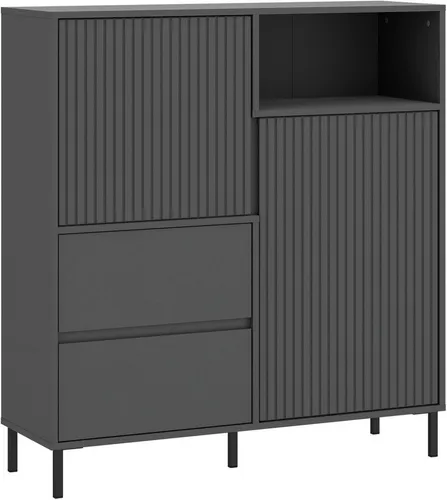 Home affaire Highboard mit Soft Close und viel Stauraum - Praktisches Highboard mit 2 Türen und 2 Schubkästen. Die grifflosen Fronten und die Metallfüße verleihen deinem Wohnraum einen modernen Touch. Hergestellt aus stabiler MDF-Platte für Langlebigkeit und ansprechendes Design.