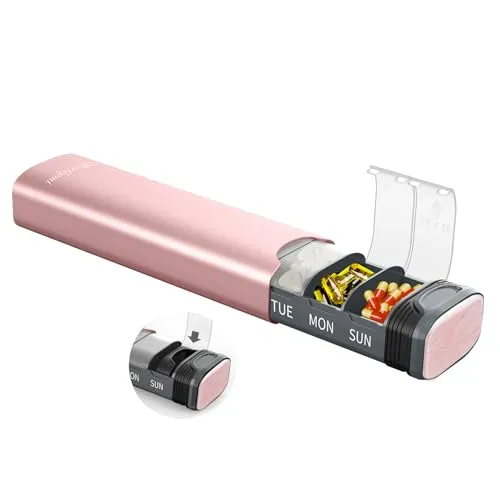 Serfeymi Tablettenbox 7 Tage - Metall Medikamentenbox, Pillendose, Tabletten Organizer(Ersatzdichtung enthalten),Pillenbox,Dispenser Medikamente für Pill, Supplement mit individuellem Deckel-Rosa