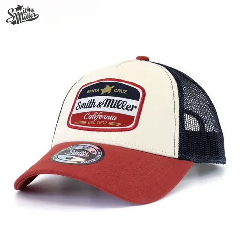 Smith&Miller Basecap Vicent Trucker Cap rot/beige - 1 Stück - Trucker Cap mit Mesh-Einsätzen und gewebtem Logo-Badge, individuell verstellbar durch Snapback-Verschluss, ideal für stilvolle Outfits.