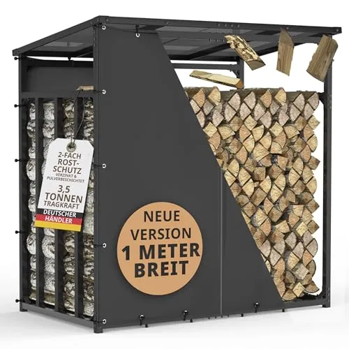 Kaminholzregal Metall mit Dach 185x105x185 - stabil und wetterfest - Aschesauger - Hochwertiges, verzinktes Brennholzregal mit 3,5t Tragfähigkeit und wetterfestem Aluminiumdach, ideal für den Außenbereich.