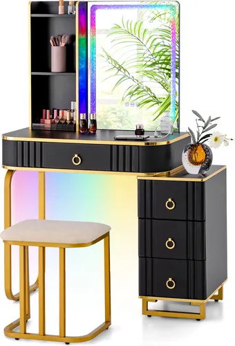 COSTWAY Schminktisch mit LED-Beleuchtung und kabelloser Ladestation - Schwarz - Eleganter Schminktisch mit 14 RGB-LED-Leuchten für stimmungsvolle Beleuchtung. Ausgestattet mit USB-Anschluss und 4 Schubladen für optimale Aufbewahrung. Ideal für Ihre tägliche Beauty-Routine.