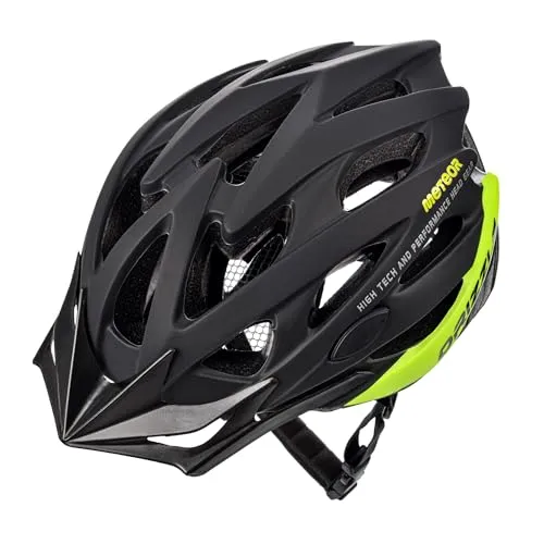 METEOR Drizzle Fahrradhelm für Herren, Damen und Kinder - Schwarz/Neongrün - Der METEOR Drizzle Fahrradhelm kombiniert leichtes Design mit optimalem Schutz. Ideal für Radsport, sorgt das AIR FLOW-System für beste Belüftung und Komfort bei langen Fahrten.