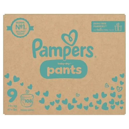 Pampers Baby-Dry Pants Größe 9, 108 Windeln, 19kg+ - Sichere 360° Passform für aktives Spielen und Toben. Mit breiten Bündchen und einem super saugfähigen Kern für zuverlässigen Schutz. Einfaches Anziehen und Ausziehen für stressfreie Windelwechsel.