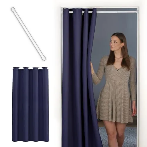 tinycurtains Türvorhang dunkelblau Ocean mit Stange 70-120 cm - Praktischer Thermo-Vorhang für Türen, blickdicht und verdunkelnd. Ideal zur Raumtrennung, einfach ohne Bohren zu montieren. Maße: 150 cm x 200 cm, 100% Polyester.