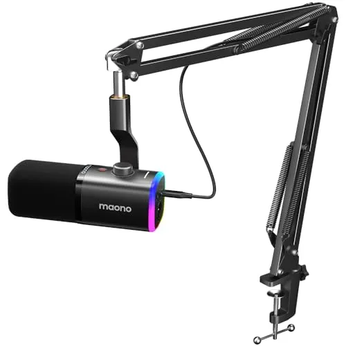 MAONO XLR-USB Streaming Mikrofon mit Arm: Dynamisches Mikrofon mit Software, Stummschalttaste, Gain-Regler, für Podcast, PC Gaming, Aufnahme, YouTube-Inhaltserstellung, Chat, PS4-5 Mac Mixer (PD100XS)