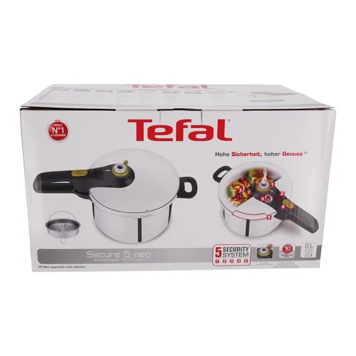Tefal Secure 5 Neo Schnellkochtopf - 22cm, 6L, Edelstahl, mit innovativem Secure-5-Sicherheitssystem für sicheres und schnelles Kochen