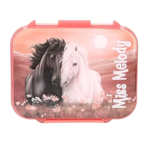 Depesche 14132 Miss Melody Blossom Pony - Brotdose in Hellrosa, mit Pferde Motiv, Lunchbox mit 3 Fächern und Klappdeckel
