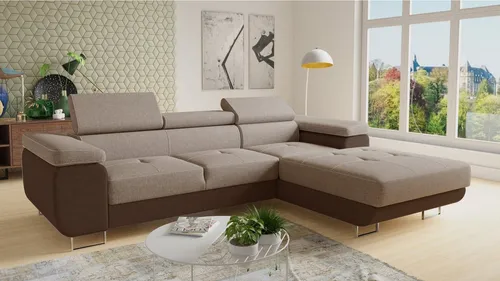 Ecksofa Divo mit Schlaffunktion und Kopfstützen - Ecksofa Divo in Braun und Cappuccino, mit einstellbaren Kopfstützen und praktischer Schlaffunktion – ideal für Gästeübernachtungen und stilvolles Wohnen.