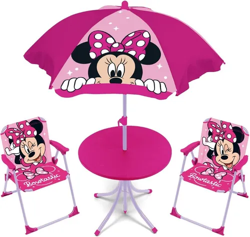 Arditex Kindertischset mit 2 Stühlen & Sonnenschirm – Minnie-Motiv, stabil und platzsparend - Das ARDITEX Kinder-Tischset mit Minnie-Motiv bringt Freude in jedes Kinderzimmer oder auf die Terrasse. Mit stabilen Metallgestellen und sicherem Design ist es perfekt für drinnen und draußen. Der Sonnenschirm sorgt für Schatten und Spielspaß!