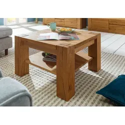 Couchtisch KENT aus Wildeiche 70x70x45 - Moderner Couchtisch aus geöltem Wildeiche-Massivholz mit praktischem Ablagefach. Stabilität durch markante Balkenbeine und ein puristisches Design, das die natürliche Holzstruktur betont. Entdecken Sie auch weitere Möbel der KENT-Serie!