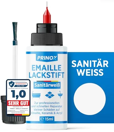 Prinox Emaille Lackstift für professionelle Reparaturen - Reparatur-Lack in Weiß für schnelle Ausbesserungen an Sanitärkeramik. Ideal für Kratzer und Risse in Waschbecken, Fliesen und Badewannen. Wasserfest und schnell trocknend – für ein perfektes Finish im Bad.
