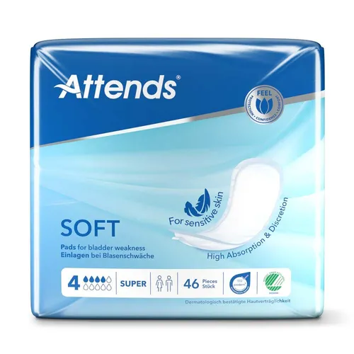 Attends Soft 4 Super Inkontinenzeinlagen, 46 Stück - Anatomisch geformte Hygiene-Einlagen für mittlere Blasenschwäche mit Quick-Dry-Technologie für optimalen Schutz und Hautgesundheit.