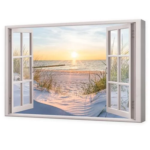 Leinwandbild Fensterblick Strand Meer Ostsee 120x80 cm - Poster & Kunstdrucke – Fotorealistisches Leinwandbild mit UV-beständigen Farben für einen einzigartigen Look in jedem Raum, sofort aufhängfertig.