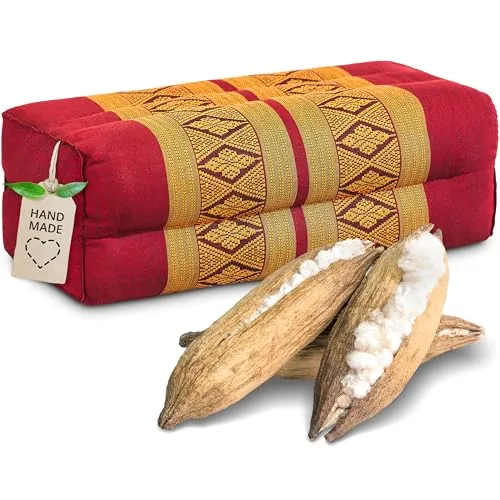 livasia Block Yogakissen eckig - 17x34x12cm - Meditationskissen mit Kapok, Stützkissen Bolster rechteckig, Yoga Pilates Zubehör Nackenkissen, Thaikissen fest handgefertigt (Rot/Gelb)