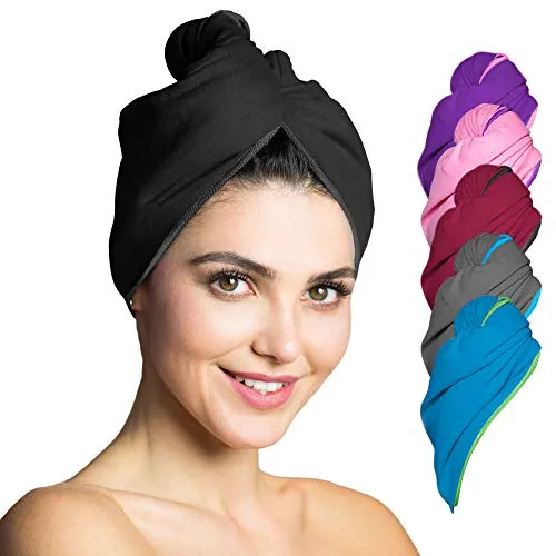 Fit-Flip Haarturban Mikrofaser - 1 Stück Haarhandtuch mit Knopf - schnelltrocknend und saugstark - Microfaser Kopf Turban - Haar Handtuch (schwarz)