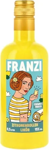 Franzi Zitronenrollen Likör 15% Vol. 0,5l - Verspielt und cremig: Der Franzi Zitronenrollen Likör vereint den Geschmack frisch gebackener Zitronen-Biskuitrollen in einer 0,5-Liter-Flasche. Ideal als süße Versuchung oder Dessert-Alternative für besondere Anlässe.