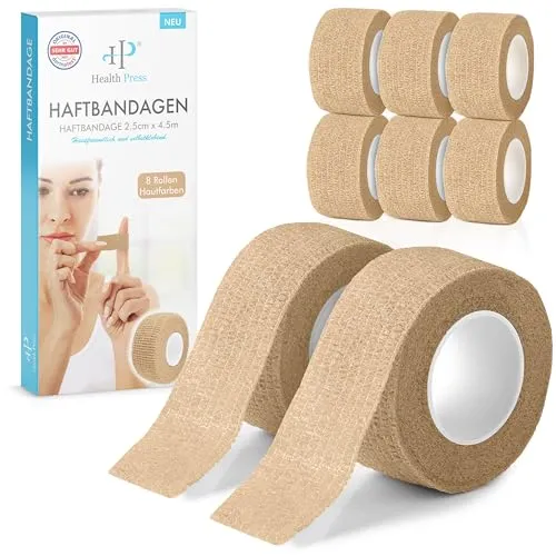 Health Press Fingerpflaster Selbsthaftend – 8x Pflaster Rolle (2,5cm x 4,5m) – Verband Selbstklebend – Elastisches Tape wasserfest – Staub-, Fett- & Schmutzabweisendes Pflasterband (Beige, 8 Rollen)