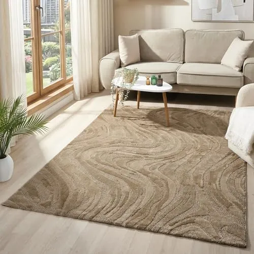 VIMODA Teppich DAVINA 3D Effekt Beige 200x290 - Der Teppich DAVINA verleiht jedem Raum mit seinem modernen Wellenmuster und dem faszinierenden Hoch-Tief-Effekt ein stilvolles Ambiente. 100% Polypropylen, schadstoffgeprüft. Ideal für Fußbodenheizung und angenehm weich.