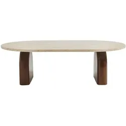 Drawer Lipali Couchtisch aus Holz mit Travertin-Effekt, 100x60 cm - Beige - Eleganter Couchtisch im Bohème-Design mit Halbkreis-förmigen Akazienholz-Beinen und Travertin-Effekt. Perfekt für stilvolle Wohnzimmergestaltung und vielseitig einsetzbar.