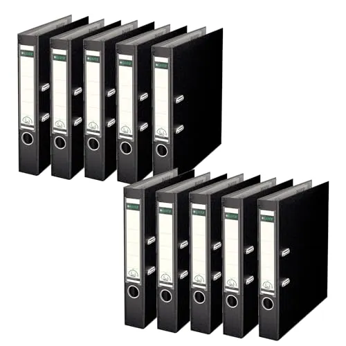 Leitz Qualitäts-Ordner 180° Plastik, 10er Pack, das Original, A4 Aktenordner 5 cm schmal, 90% Recycling-Karton, 30% Pre-Consumer Recycling-Kunststoff, Mit 180° Mechanik, 350 Blatt, Schwarz, 10151095