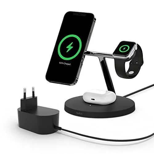 Belkin BoostCharge PRO 3-in-1-Wireless-Ladegerät mit MagSafe für iPhone 13, Apple Watch & AirPods - Praktisches 3-in-1-Ladegerät für iPhone 13, Apple Watch und AirPods. Schnelles drahtloses Laden mit bis zu 15 W für eine effiziente Nutzung. Ideal für den täglichen Einsatz.