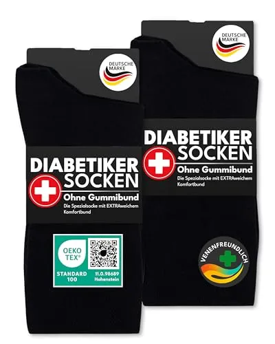 Paar Diabetiker Socken ohne Gummi - 97% Baumwolle für Damen und Herren (Schwarz 47-50) - Herrensocken für optimalen Komfort und Gesundheit. Ohne einschneidenden Gummi, mit Softbündchen und handgekettelter Spitze für ein druckfreies Tragegefühl.