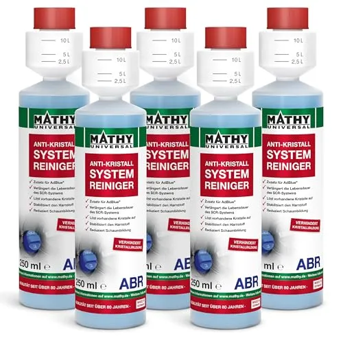 MATHY-ABR Anti Kristall Systemreiniger - 5 x 250ml - Effektiver Systemreiniger für AdBlue® Tanks in Diesel-Fahrzeugen. Hochkonzentriertes Additiv löst Kristalle auf und sorgt für eine zuverlässige Funktion des SCR-Systems. Einfache Anwendung direkt vor der Betankung.