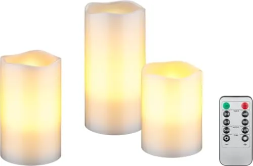 goobay, flammenlose Echtwachs LED-Kerzen 3er-Set mit realistischen Flammen, mit 10-Tasten Fernbedienung mit 2/4/6/8- Stunden Timer, 74368, Weiß