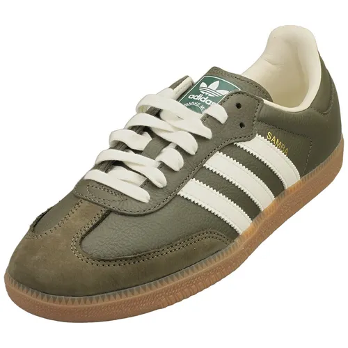 Adidas Samba OG in Olive White – Retro Halbschuhe für Damen - Stylische Adidas Samba OG Halbschuhe in Oliv, Weiß und Braun. Ideal für den Alltag mit flacher Gummisohle und atmungsaktivem Textilfutter. Perfekt für jeden Anlass!