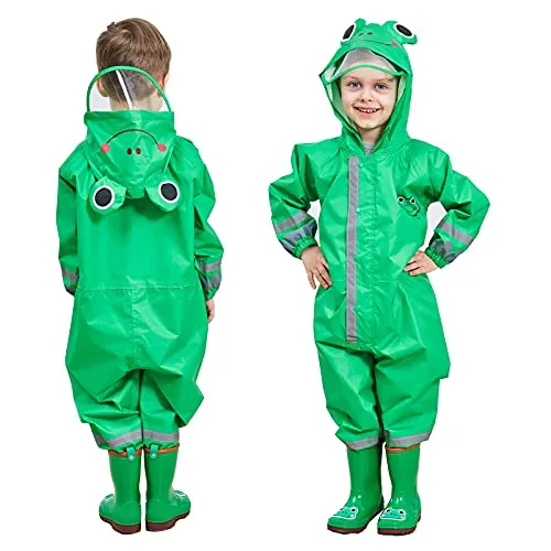 FILOWA Matschanzug Kinder Atmungsaktiv Regenoverall Einteilig Regenkleidung Wasserdicht Regenanzug Leicht Regenmantel mit Reflektor Regen Overalls Wandern Outdoor Unisex Jungen Mädchen 3-5 Jahre,Grün